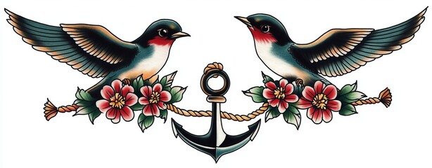 In this colorful illustration, two birds are perched on rope anchors in the center of the image