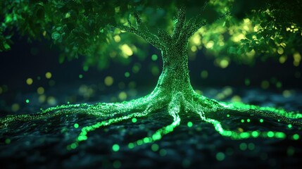 Abstract 3D tree with luminous green leaves and roots, representing natural energy and growth.