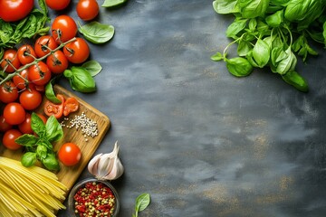 Wall Mural - Fresh tomatoes, basil, garlic, and pasta arranged on a rustic table setting, evoking the essence of Italian cuisine.