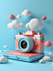 Poster - 3d flat icon content creator with camera and laptop in dreamy background ideal for digital content c
