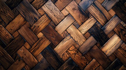 Wall Mural - Wooden flooring with a herringbone pattern in a brown color