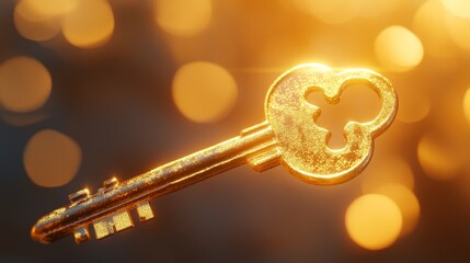 Poster - A shimmering golden key glimmers against a warm, bokeh background. This elegant design captures the essence of unlocking potential and new opportunities. Perfect for illustrations and digital art. AI