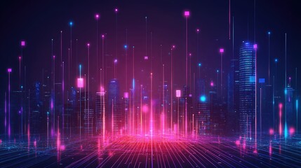 Poster - Big data connection technology. Cityscape telecommunication and communication network concept.