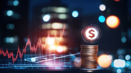 Wall Mural - Financial growth concept with stacked coins, dollar sign, and digital graph in blurred city night background. Ideal for investment themes.