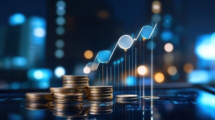 Leinwandbilder - Piles of gold coins with a futuristic graph showing financial growth and city lights in the background, representing investment opportunities.