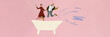 © master1305 - Joyful couple in retro outfits dancing energetically inside white bathtub, with playful blue splashes on pink background. Contemporary art collage. Concept of surrealism and creativity, retro style