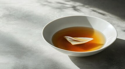 Wall Mural - Braised shark fin soup served in a minimalist dish, the clear broth and fins highlighted on a grey background. -