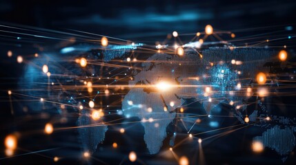 Poster - Business and economic growth on global business network, Data analysis of financial and banking, Customer service, Technology and data connection, Teamwork, Business strategy and Digital marketing.