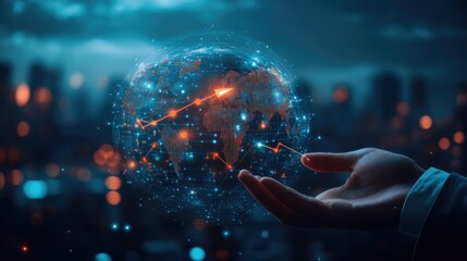 Poster - Business development to success and growth of banking and financial on global network. Businessman hold pointing arrow up and graph corporate future growth plan on network structure of business. -