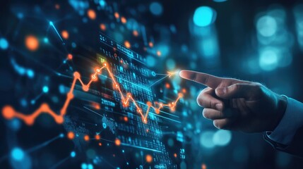 Poster - Business development to success and growth of banking and financial on global network. Businessman hold pointing arrow up and graph corporate future growth plan on network structure of business. -