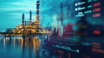 Poster - Business people analysing the data, stock market report on oil and gas prices. Financial dashboard with business intelligence key performance indicators. Oil supply industry 3d rendering illustration