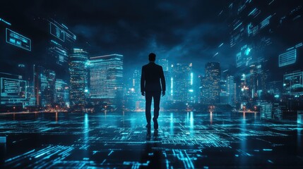 Poster - Business technology concept, Professional business man walking on future Pattaya city background and futuristic interface graphic at night, Cyberpunk color style