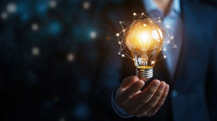 Poster - Businessman hand holding creative light bulb with industry network,analysis solution and development marketing network icons planning strategy, Modern business, Innovative of new ideas.
