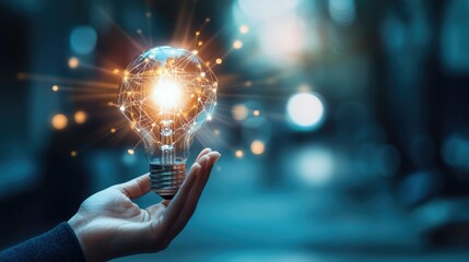 Poster - Businessman hand holding creative light bulb with industry network,analysis solution and development marketing network icons planning strategy, Modern business, Innovative of new ideas.