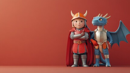 A cartoon of a boy and a dragon standing next to each other. The boy is wearing a red and orange costume and the dragon is blue