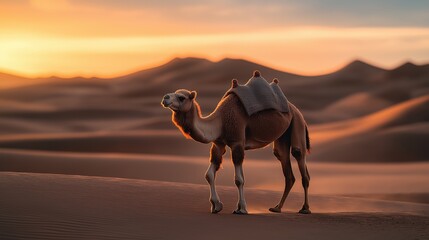 Canvas Print - A camel with a saddle blanket stands on a sand dune in the desert during sunset, with the rolling dunes in the background.