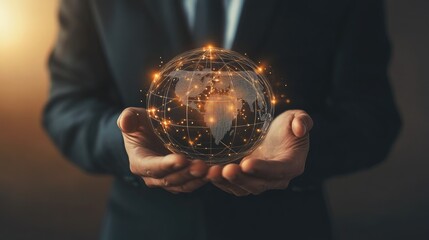 Poster - Businessman holding global network connection on social networking and customer data analytics, Business strategy and smart intelligence, digital marketing, Technology and global business.