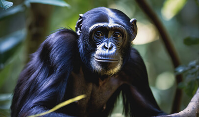 Wall Mural - a chimpanzee sits in a forest clearing, looking directly at the camera