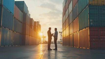 Poster - Businessman use tablet show growth revenue graph info and engineer partner stand at container yard, loading containers box from cargo freight ship 
