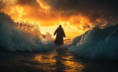 A person standing in front of the horizon wearing a long Jesus Chris is facing the ocean