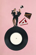 © master1305 - Stylish couple dancing atop giant vinyl record, with scattered letters around them. Rhythm of music and movement. Contemporary art collage. Concept of surrealism and creativity, retro style