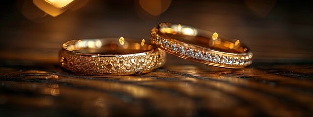 Finely engraved gold wedding and engagement rings together on a table