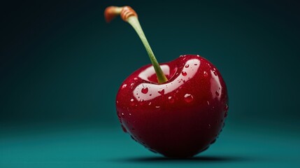 Sticker - Close-up of a single fresh red cherry with water droplets on a dark green background.