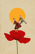 © master1305 - Playful joyful couple dancing atop vibrant red flower under golden sun, blending retro charm with whimsical surrealism. Contemporary art collage. Concept of surrealism and creativity, retro style