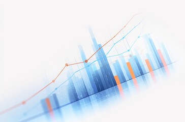 Wall Mural - Minimalist Graph with Blue and Red Lines Showing Upward Trend and Orange Bar Chart on White Background