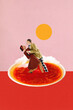 © master1305 - Retro couple passionately dancing in center of bowl of soup under golden sun, blending warmth of comforting meal with elegance of romantic moment. Contemporary art. Surrealism and creativity concept