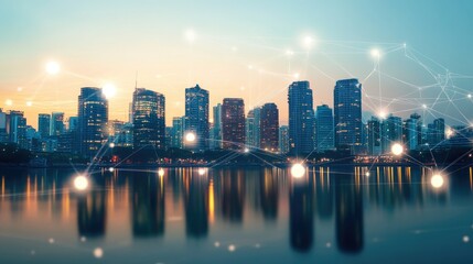 Poster - City scape and network icon connection concept
