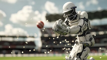 Wall Mural - Robot Cricketer Hitting Ball: A robot cricketer executing a perfect stroke, sending the ball flying across the field.