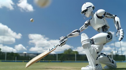 Wall Mural - Robot Cricketer Hitting Ball: A robot cricketer executing a perfect stroke, sending the ball flying across the field.