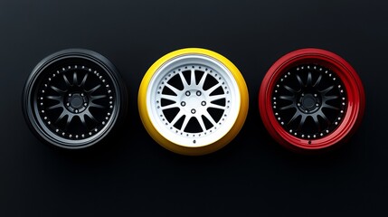 A set of tyres, with a red line and a yellow line, with different types of soft tyres, hard medium soft compounds, rubber logo symbols, and modern manager icons isolated on a white background