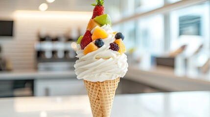 Close-up of a stacked ice cream cone with fresh fruit, in a modern white caf.