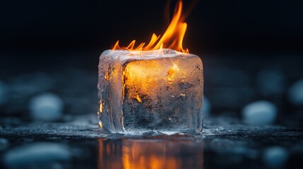 Poster - Close-up of a single ice cube with a flame burning on top against a dark background.