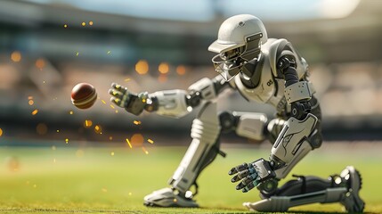 Wall Mural - Robot Cricketer Hitting Ball: A robot cricketer executing a perfect stroke, sending the ball flying across the field.