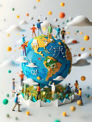 Poster - 3d flat icon of people with earth discussing business process flowcharts global awareness and busine