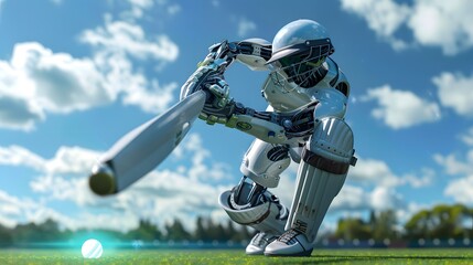 Wall Mural - Robot Cricketer Hitting Ball: A robot cricketer executing a perfect stroke, sending the ball flying across the field.