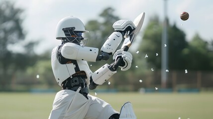 Wall Mural - Robot Cricketer Hitting Ball: A robot cricketer executing a perfect stroke, sending the ball flying across the field.