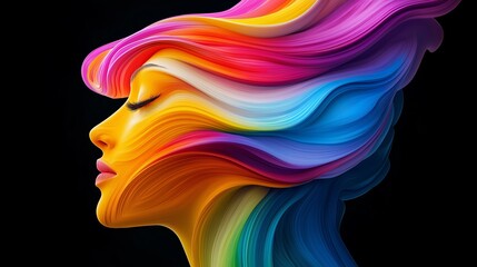 Wall Mural - A woman's face is shown with a rainbow of colors flowing from her hair. Concept of freedom and creativity, as the vibrant colors seem to represent the limitless possibilities of self-expression