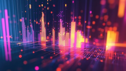 Poster - Colorful abstract 3D financial graph with intersecting shapes and glowing data points.