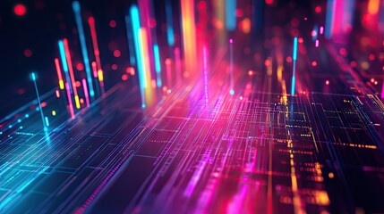 Poster - Colorful abstract 3D financial graph with intersecting lines and bars against a dark backdrop. -