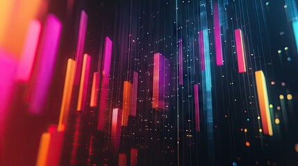 Poster - Colorful abstract 3D financial graph with intersecting lines and bars against a dark backdrop. -
