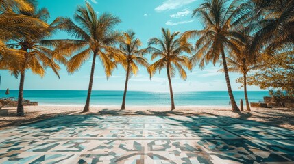 View of beautiful palm trees on the beach from a beautiful mosaic floor with tropical floral patterns