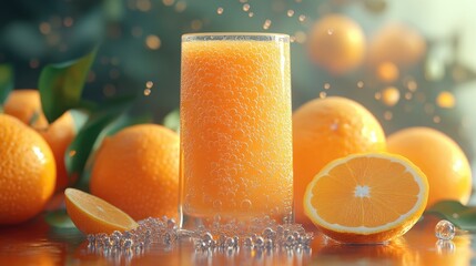 Freshly Squeezed Orange Juice in a Glass with Bubbles Surrounded by Whole and Sliced Oranges