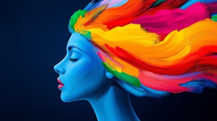 Poster - A woman with a colorful mane is painted on a blue background. The painting is abstract and colorful, with a mood of creativity and freedom