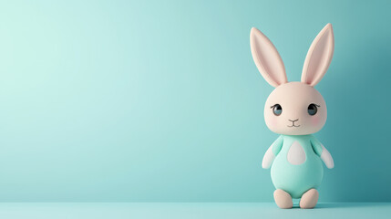 Cute bunny toy with soft expression, standing against pastel background.