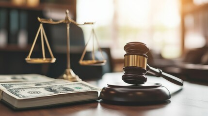 On a table, a judge's gavel, a scale of justice, dollars, and a law book depict financial legal consequences, such as bail and fraud.