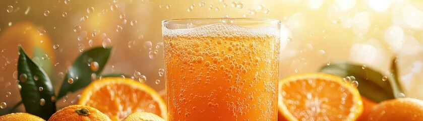 Refreshing Glass of Orange Juice with Fresh Oranges and Sparkling Bubbles in Sunlit Background